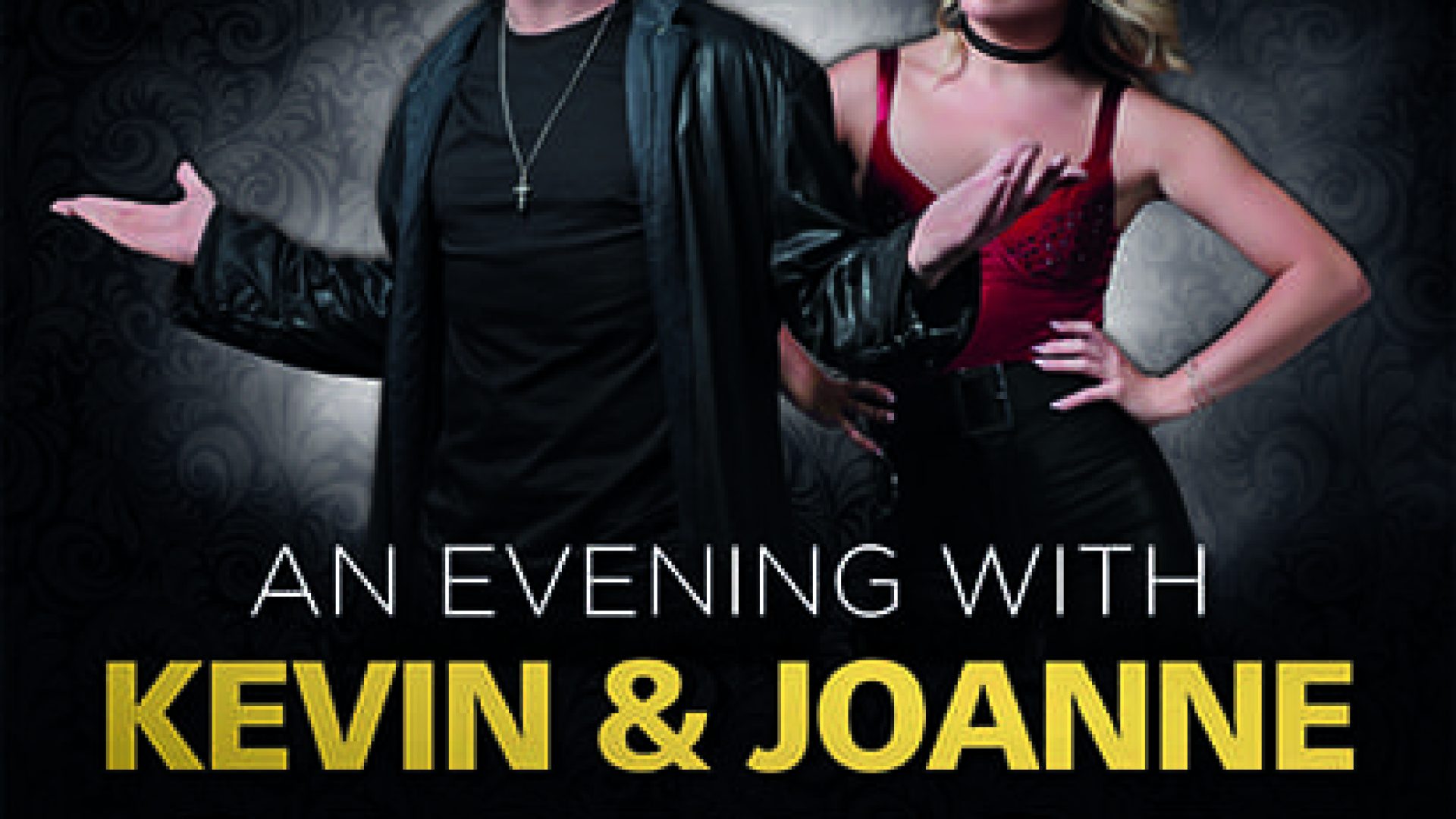 Kevin Clifton in a black jacket and Joanne Clifton in a red dress, against a dark background.