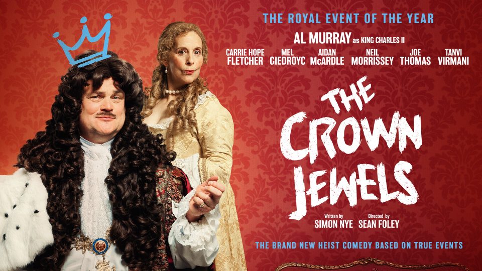 Two actors in period costumes pose against a red patterned background for a theatre production.