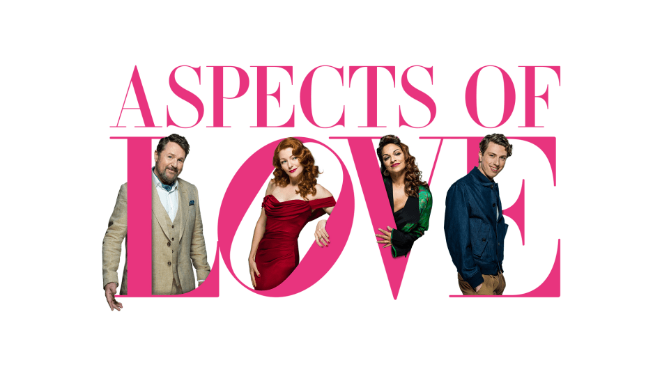 Four characters from 'Aspects of Love' against a pink title background.
