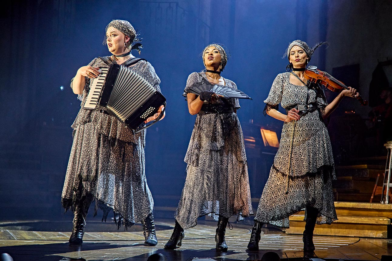 Allie Daniel, Lauran Rae and Melanie Bright as the Fates in Hadestown
