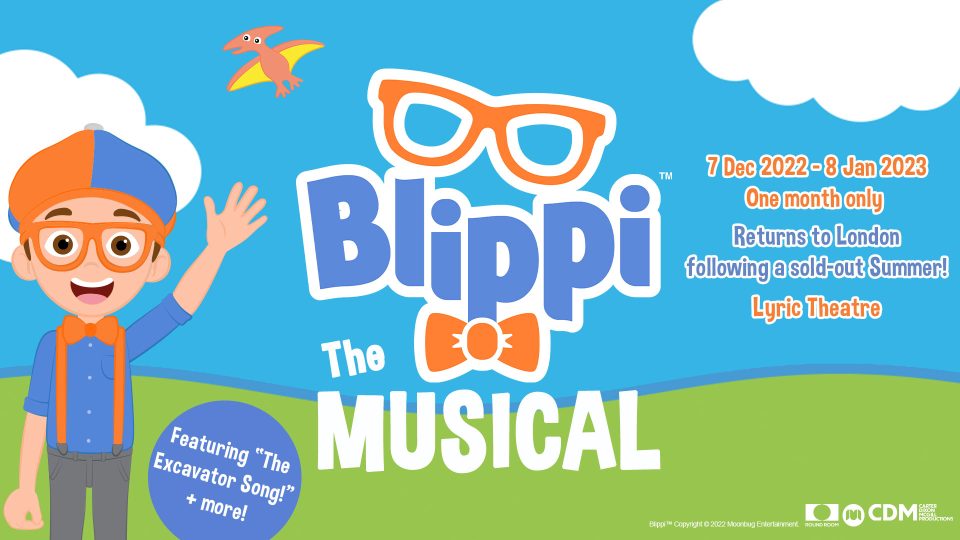 Cartoon character Blippi waves against a bright blue sky, promoting 'Blippi The Musical'.