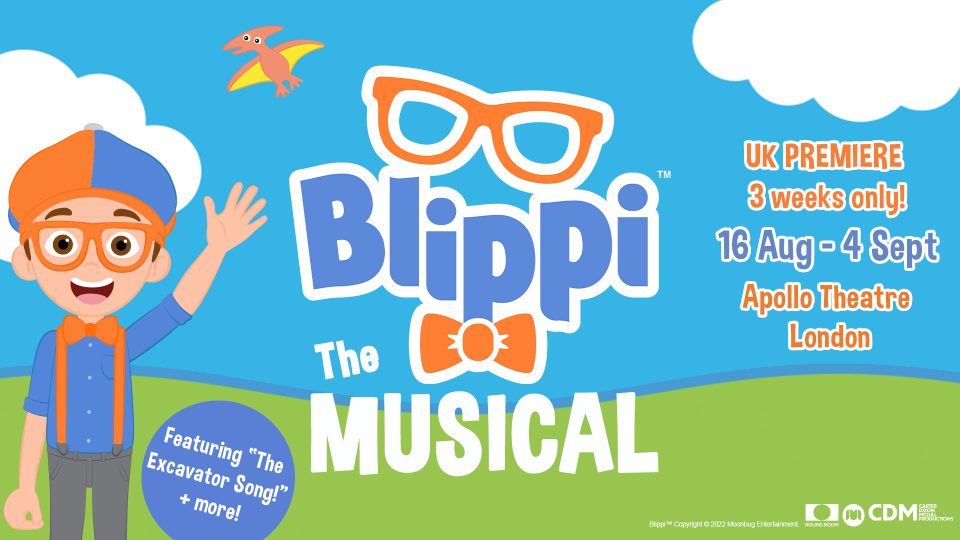 Blippi character waves in a vibrant setting, advertising 'Blippi The Musical' in London.