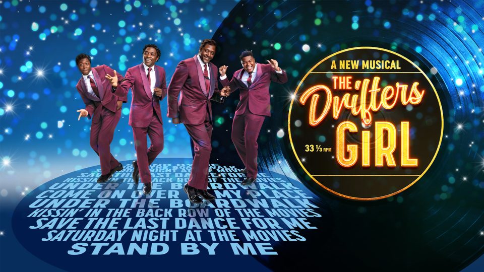 Four men in maroon suits dance against a sparkling blue background with a vinyl record.