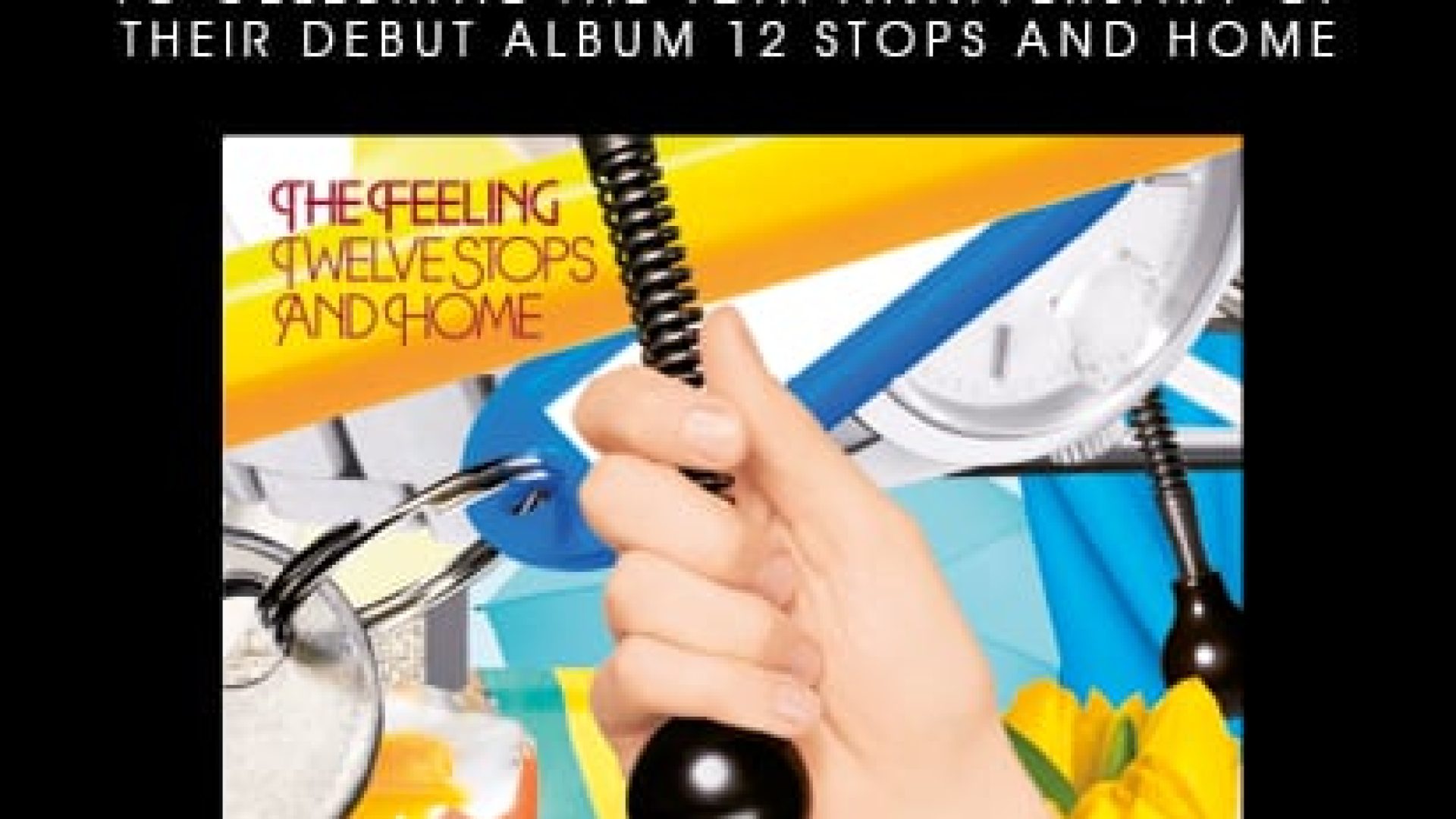 A hand holding a black microphone with a vibrant, colourful design in the background.