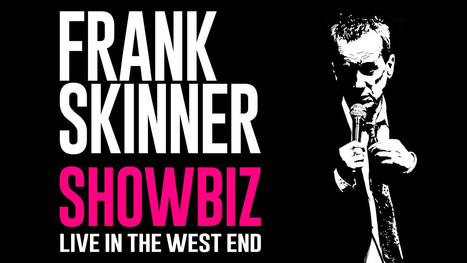A black and white silhouette of Frank Skinner performing with a microphone against a dark background.
