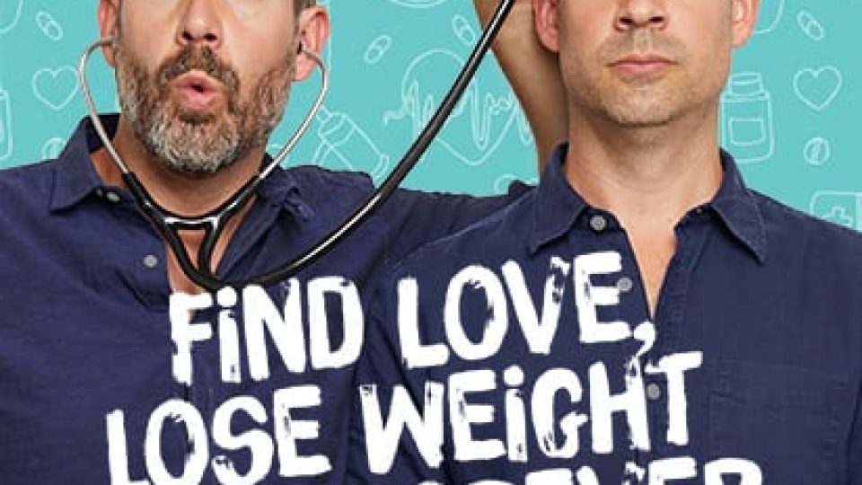 Dr Chris and Dr Xand van Tulleken pose with a stethoscope against a turquoise doodle background.