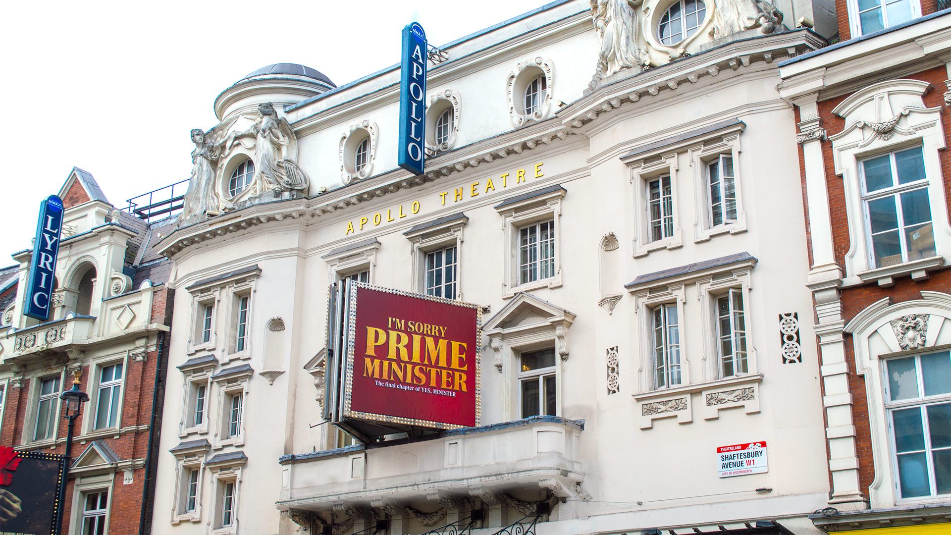 Front of the Apollo Theatre showing I'm Sorry Prime Minister