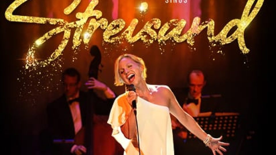 A promotional poster displaying a woman singing, with gold lettering and star ratings.