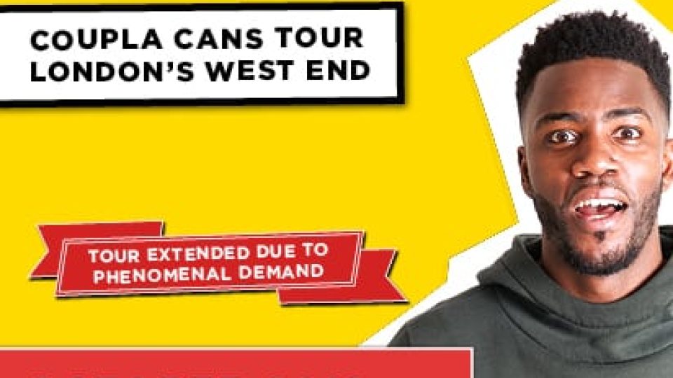 Mo Gilligan, in a green hoodie, smiles against a bright yellow background with event details.