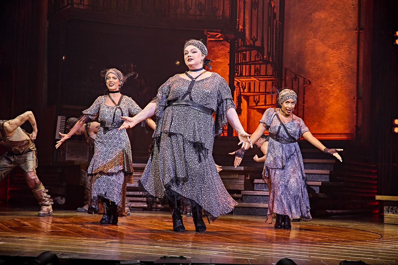 Melanie Bright, Allie Daniel and Lauran Rae as the Fates in Hadestown