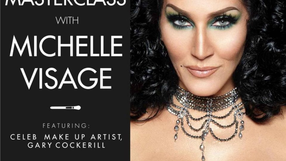 Michelle Visage presents a glamorous look with bold makeup in a masterclass advertisement.