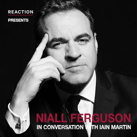 Black and white portrait of Niall Ferguson, dressed in a suit, with a thoughtful expression.