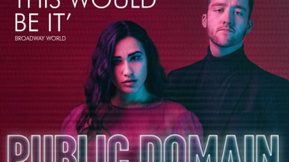 Promotional poster featuring two actors, with a purple and blue gradient background.