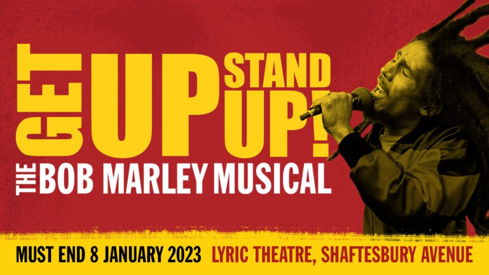 Bold promotional poster for 'Get Up Stand Up!', featuring vibrant yellow and red text.