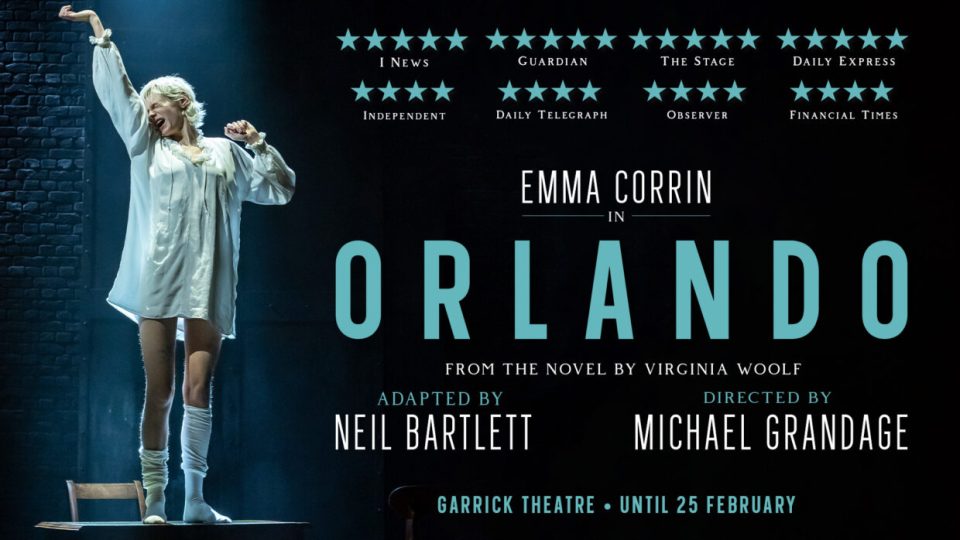 A performer in a white nightgown poses dramatically, with promotional text for 'Orlando'.