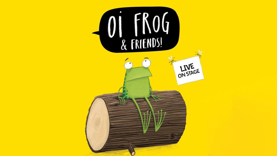 A green frog sits on a log against a bright yellow background, promoting a live show.