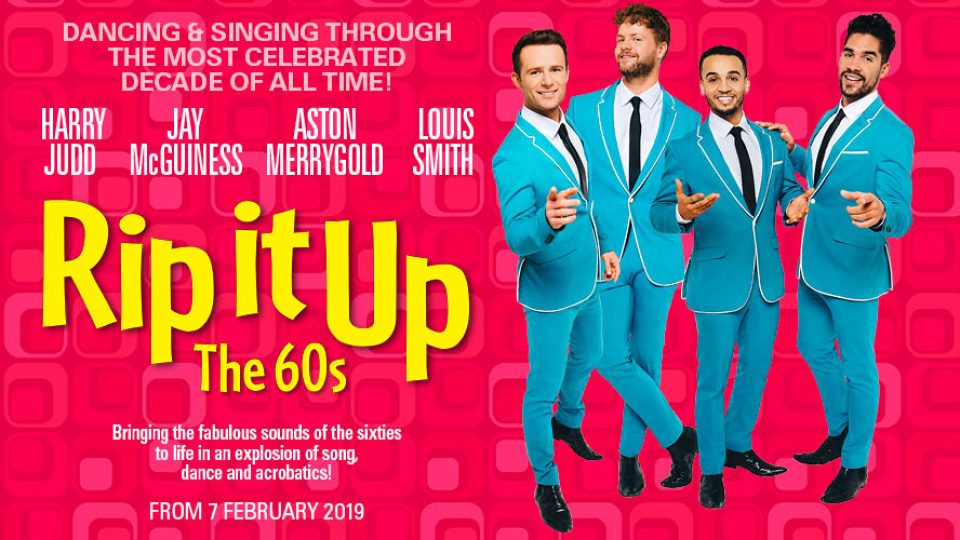 Four performers in bright blue suits pose against a colourful background with promotional text.