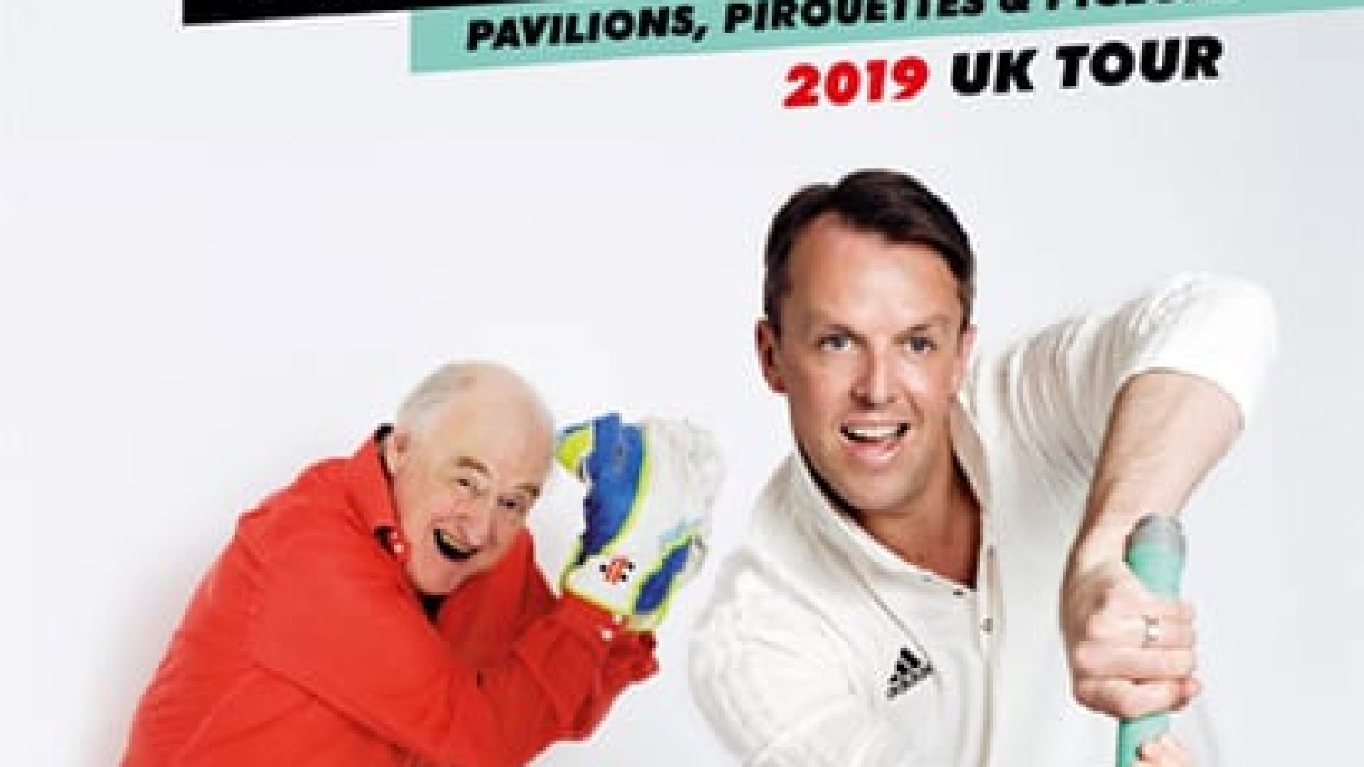Graeme Swann and Henry Blofeld, in vibrant costumes, promote their show "Dancing Down The Wicket.