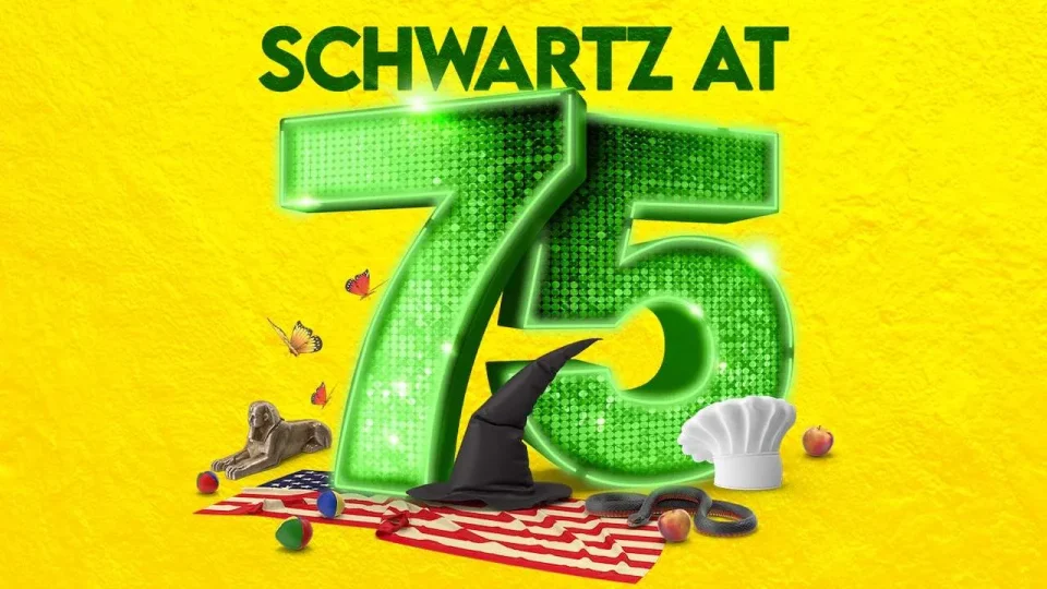 The number 75 in sparkling green, surrounded by colourful objects on a bright yellow background.