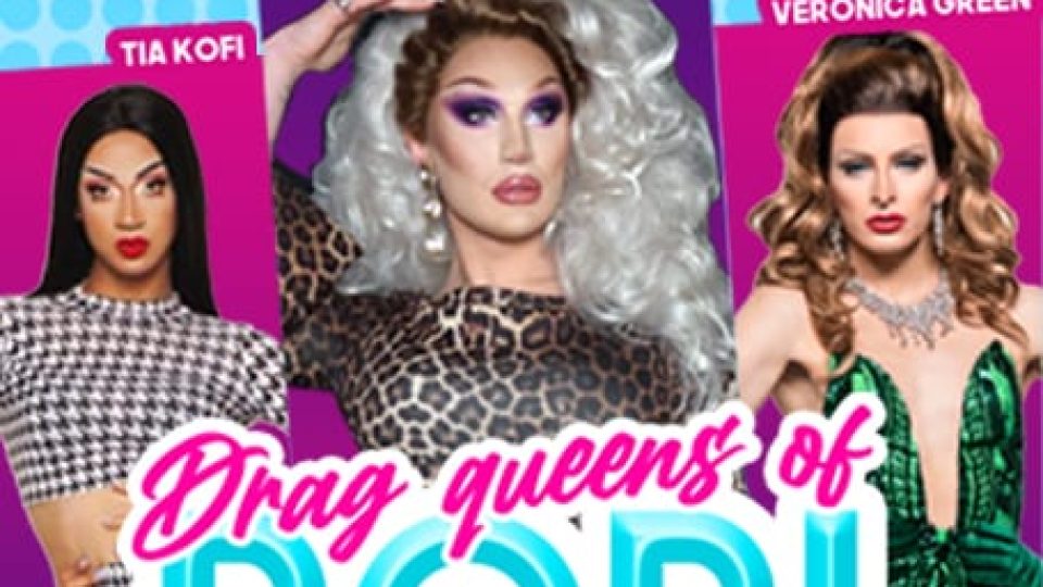 Three drag queens in colourful outfits advertising a live singing event.