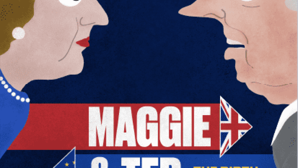 A stylised illustration of two figures, one with brown hair and pearls, facing each other against a dark blue background.