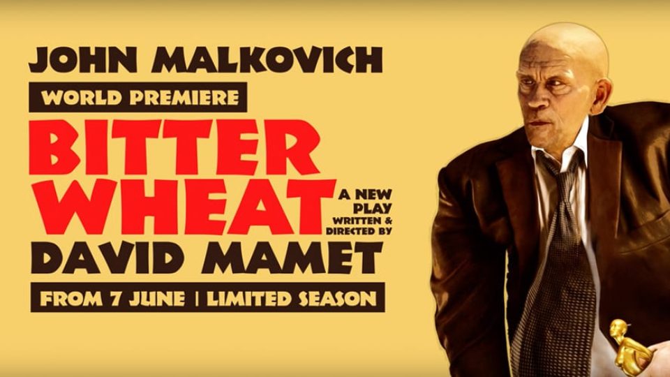 Promotional graphic featuring bold text for 'Bitter Wheat' and a man in a suit.