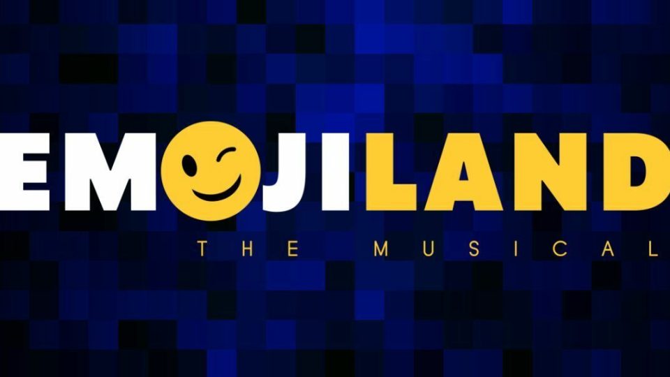 Bright yellow text 'EMOJILAND' on a blue pixelated background.