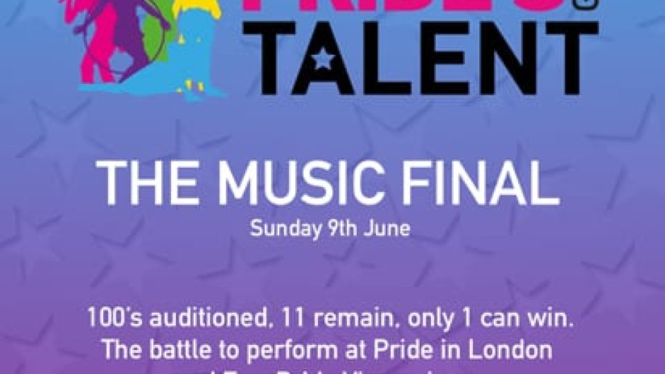 Promotional poster for Pride's Got Talent Music Final featuring colourful silhouettes and event details.