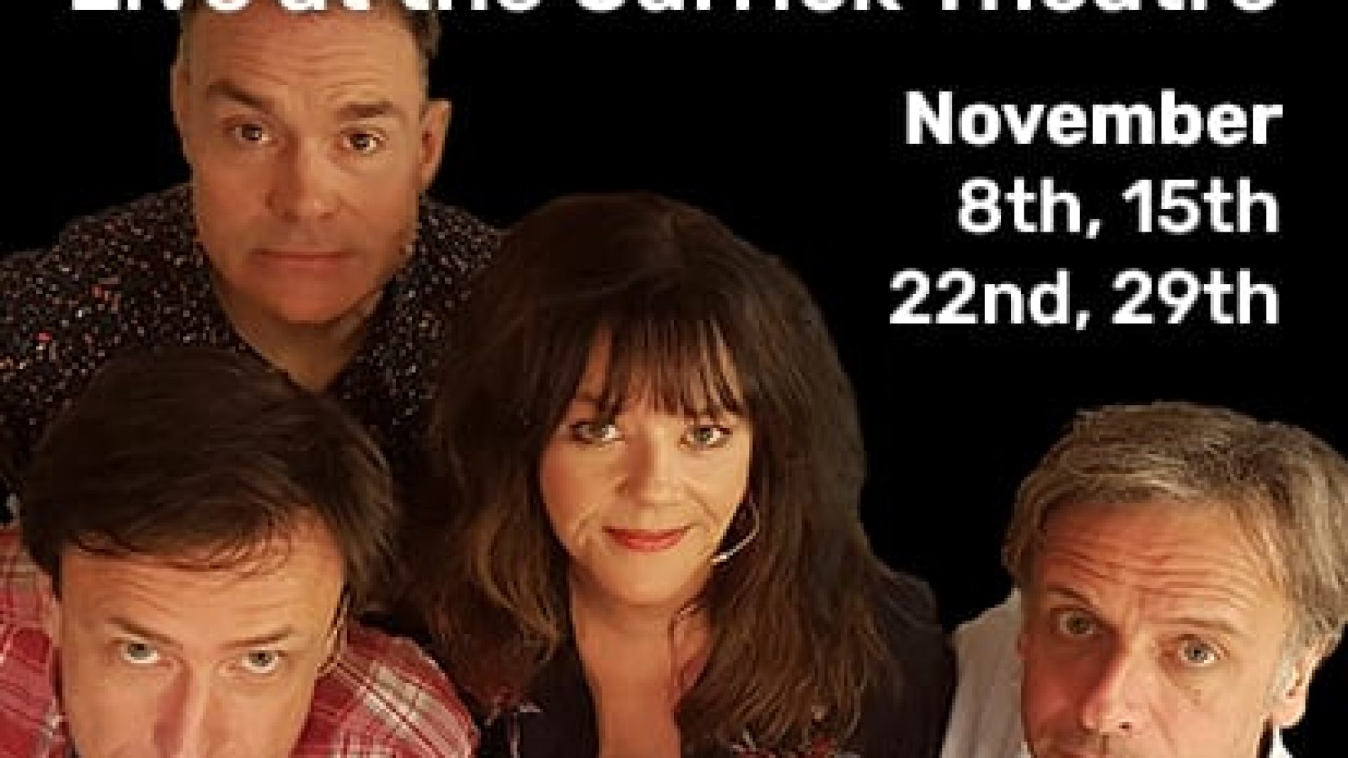 Five performers from The Comedy Store Players, smiling, with a black background and promotional text.