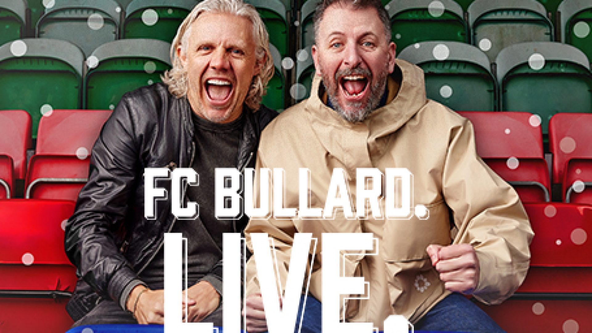 Two smiling men seated in front of green theatre seats, promoting an event.