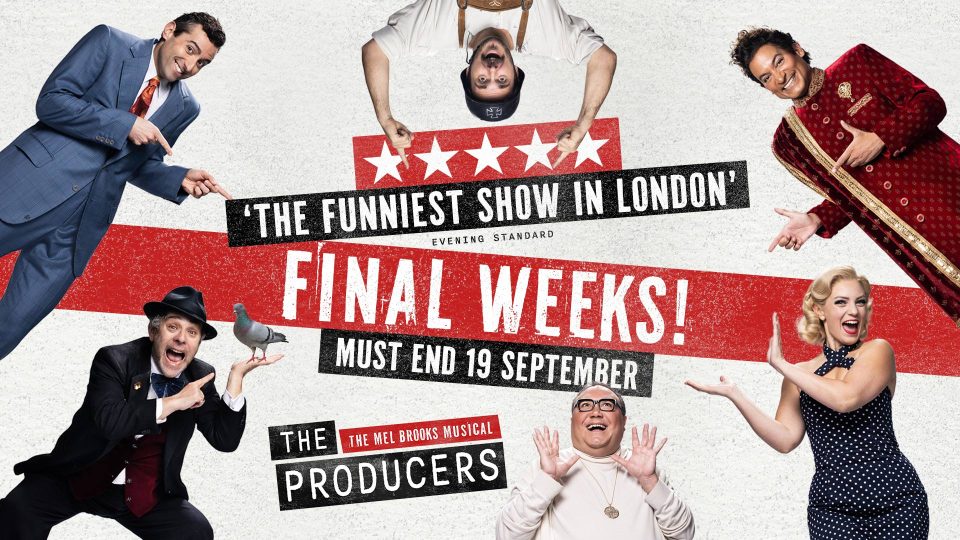 Promotional poster for "The Producers" with actors in comedic poses, red and white text highlights.