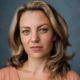 Joanna Woodward with wavy blonde hair, wearing an orange top, neutral expression.