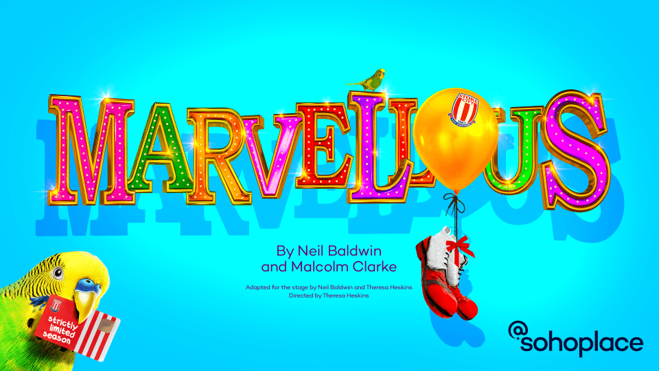 Colourful 'MARVELLOUS' title with bright lights and a parakeet, against a blue background.