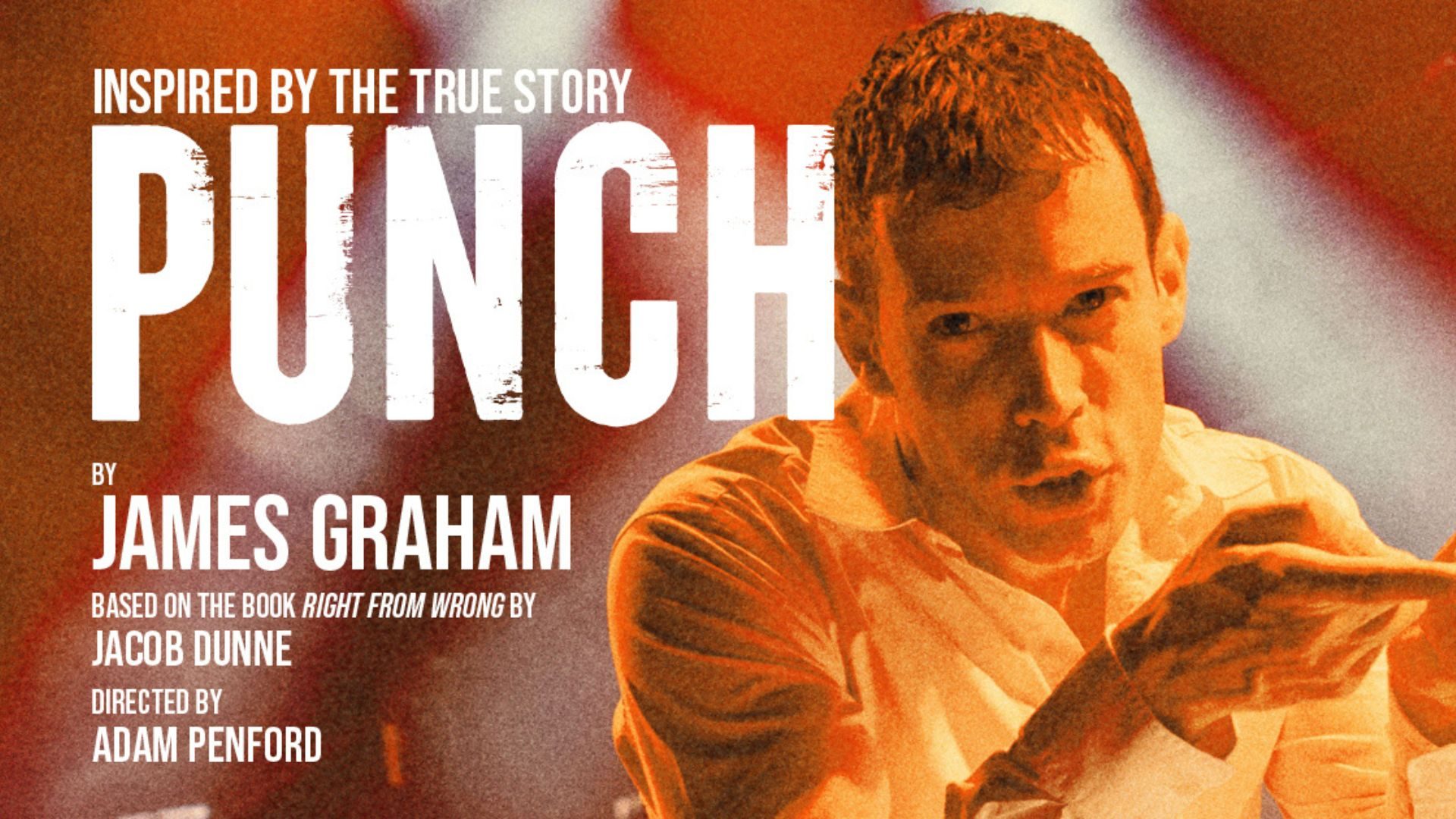 Punch 1 A man in a white shirt gestures expressively against a warm, blurred background with red tones.