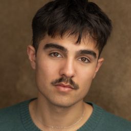 Young man with short dark hair and moustache, wearing a green jumper, neutral brown background.