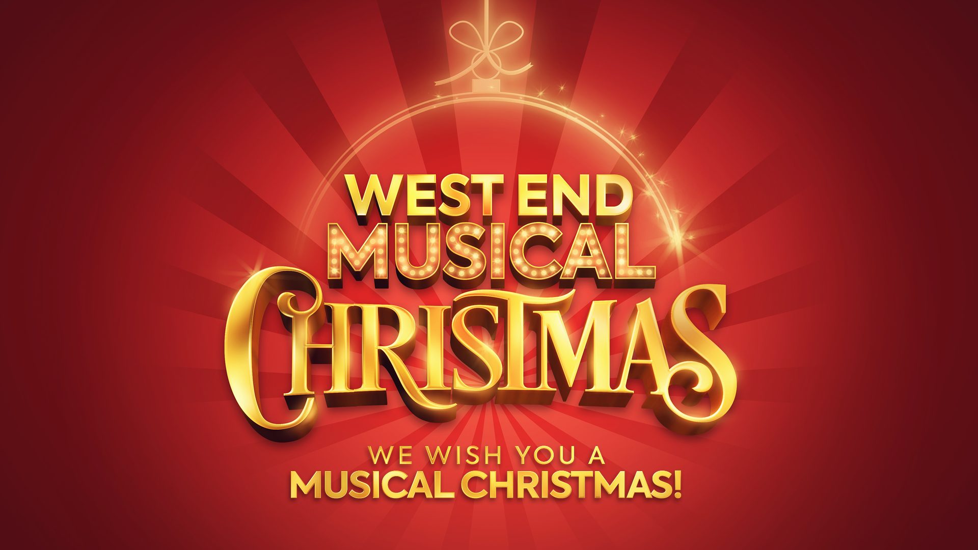 Golden text "West End Musical Christmas" on red background with festive ornament design.