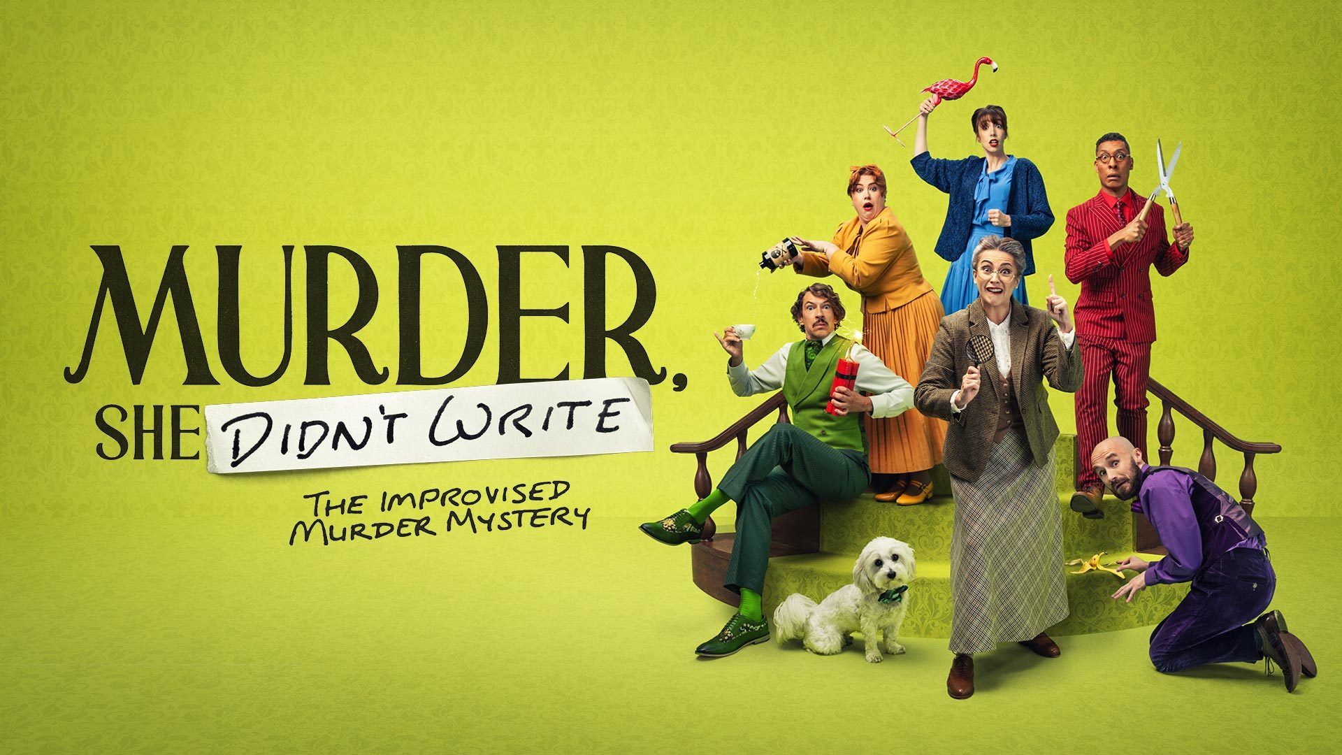 Six characters in colourful costumes pose on a bright green background, accompanied by a small white dog.