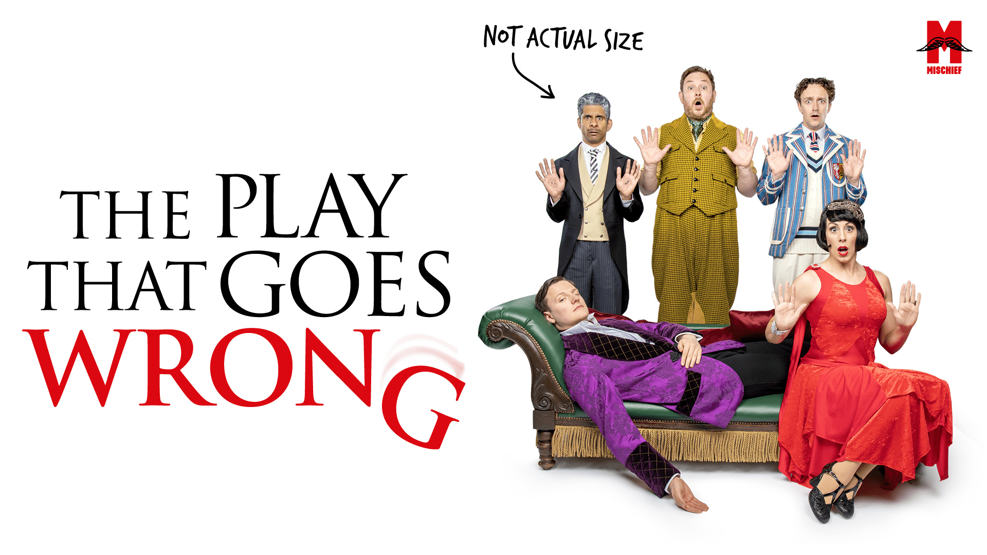 Five actors from "The Play That Goes Wrong" display shock, with a green sofa and purple upholstery.