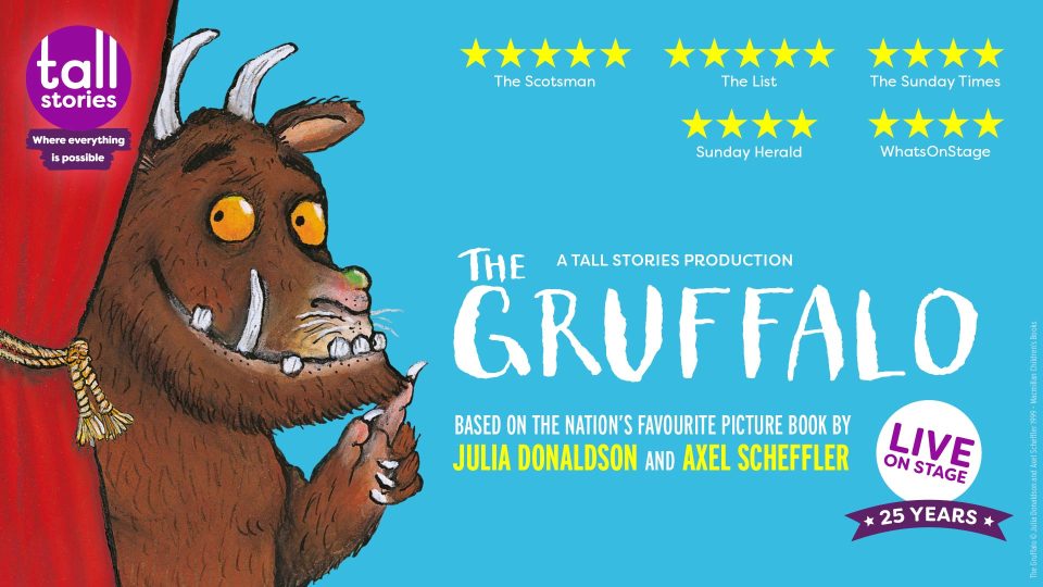 The Gruffalo character stands centre with orange eyes and purple spikes against a blue background.