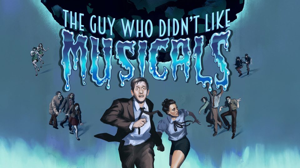 Five cast members of The Guy Who Didn’t Like Musicals run forward under icy blue title text on dark background.