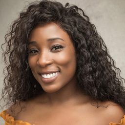 Princess Donnough smiles softly, wearing a blue blouse, against a plain grey background.