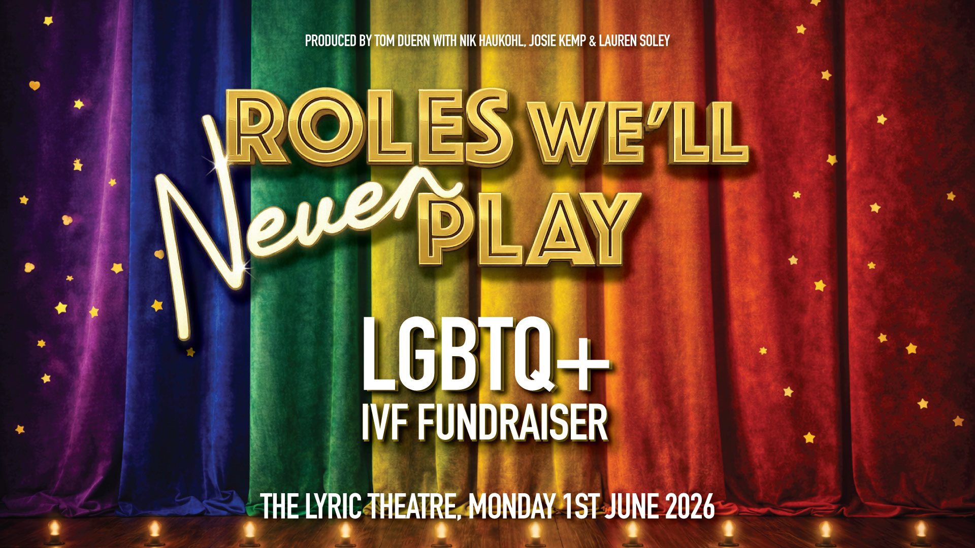 Poster for "Roles We’ll Never Play", featuring bold text on a vibrant, multicoloured abstract background.