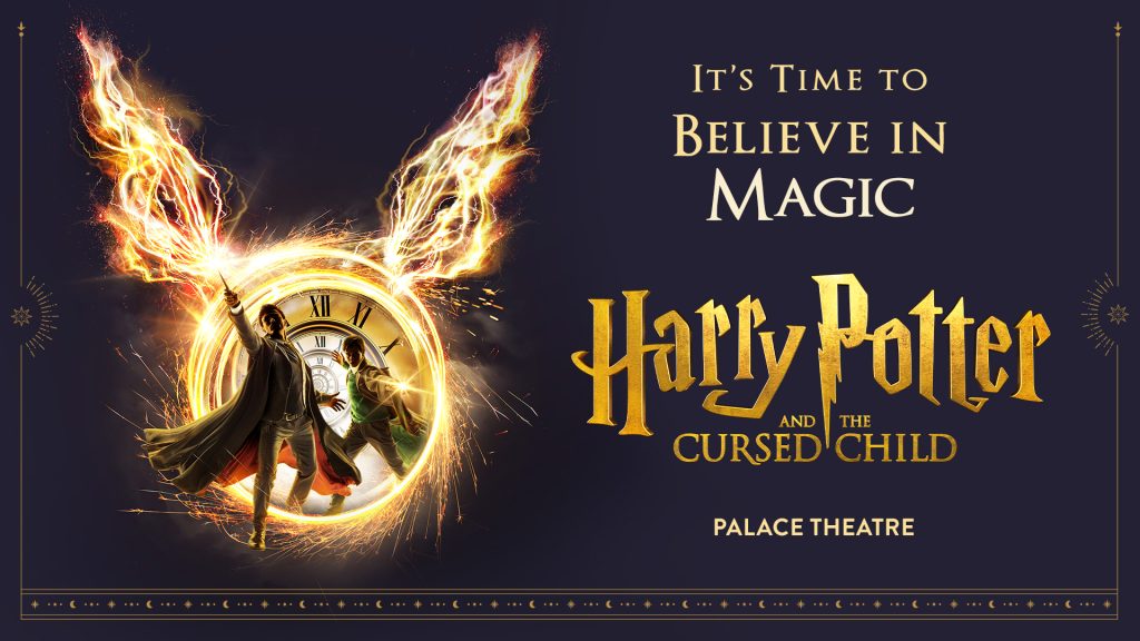 Harry Potter and the Cursed Child on dark blue background with time turner.