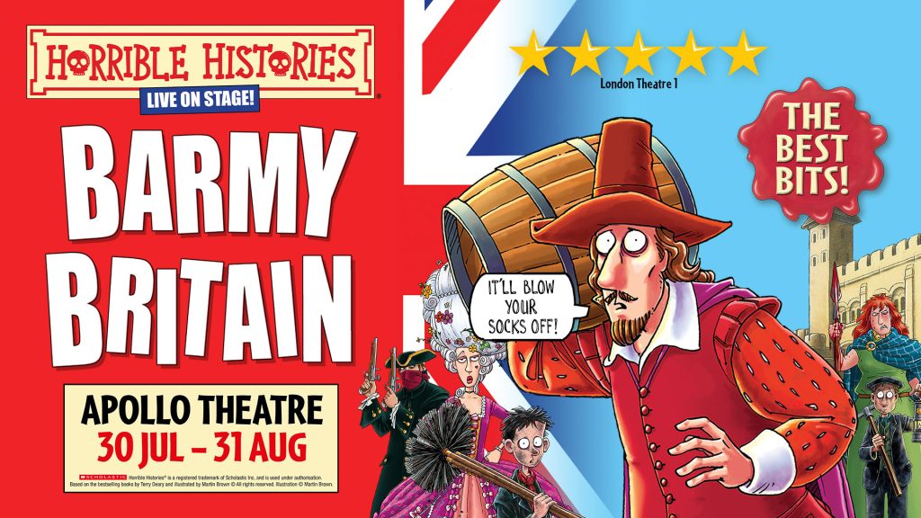 Cartoon characters in historical costumes with text "I'll blow your socks off!" against Union Jack background.