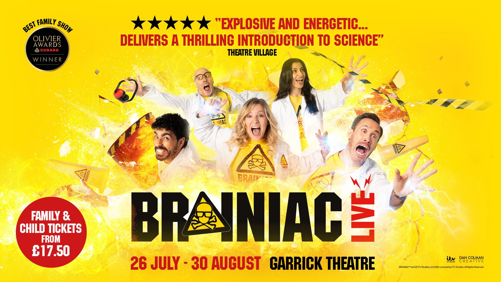 Five performers in lab coats, excited expressions, with explosive graphics; "Brainiac Live" text prominent.