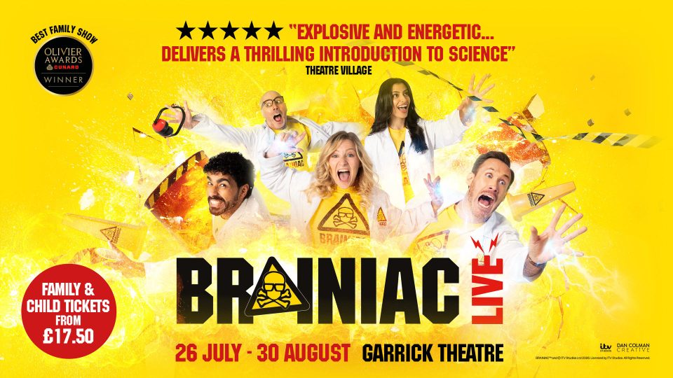 Five performers in lab coats, excited expressions, with explosive graphics; "Brainiac Live" text prominent.