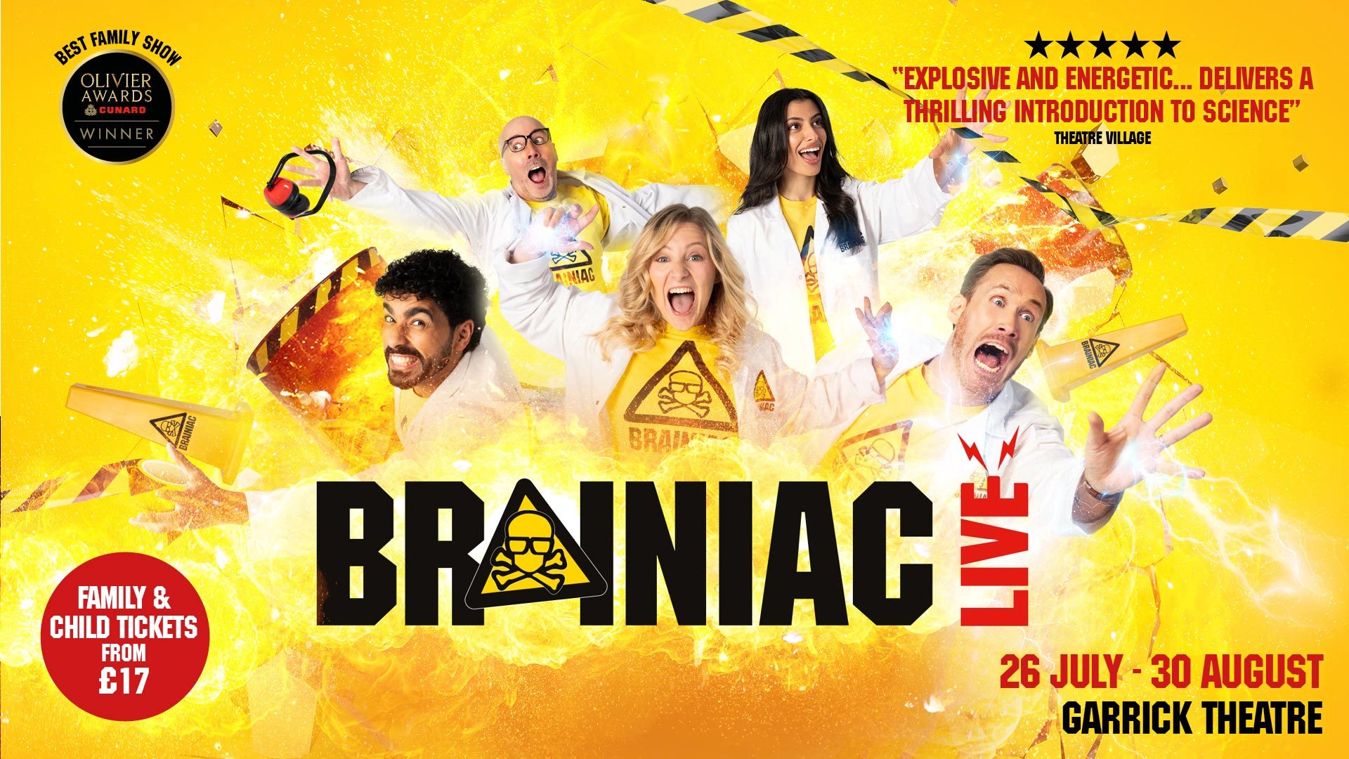 Five people in lab coats, excited expressions, with "Brainiac Live" text in bold yellow and black.