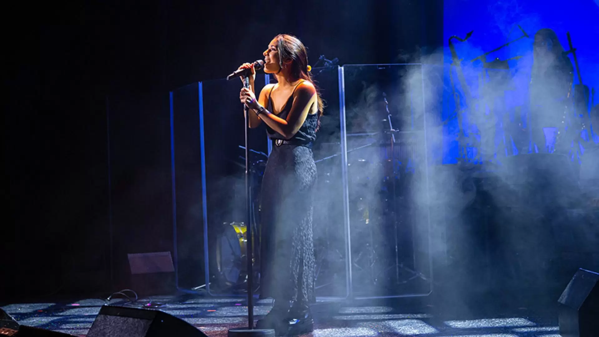 Singer performing on stage with microphone, surrounded by blue lighting and mist.