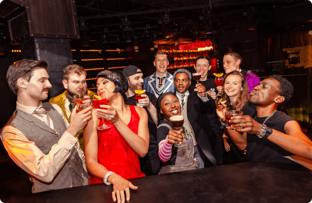 The cast of The Play That Goes Wrong enjoy cocktails at STEREO Covent Garden