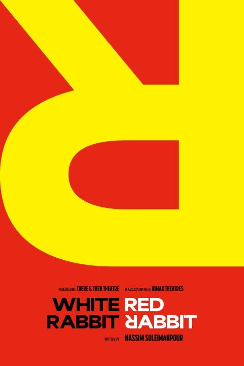 Bold yellow and red abstract design with "White Rabbit Red Rabbit" text, by Nassim Soleimanpour.